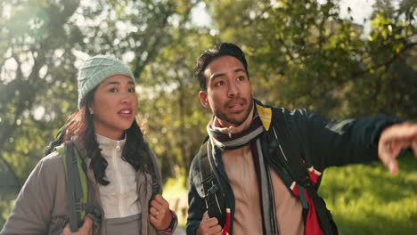 nature, travel and couple trekking in a forest