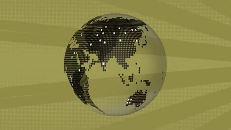 digital animation of spinning globe icon against moving radial rays on yellow background
