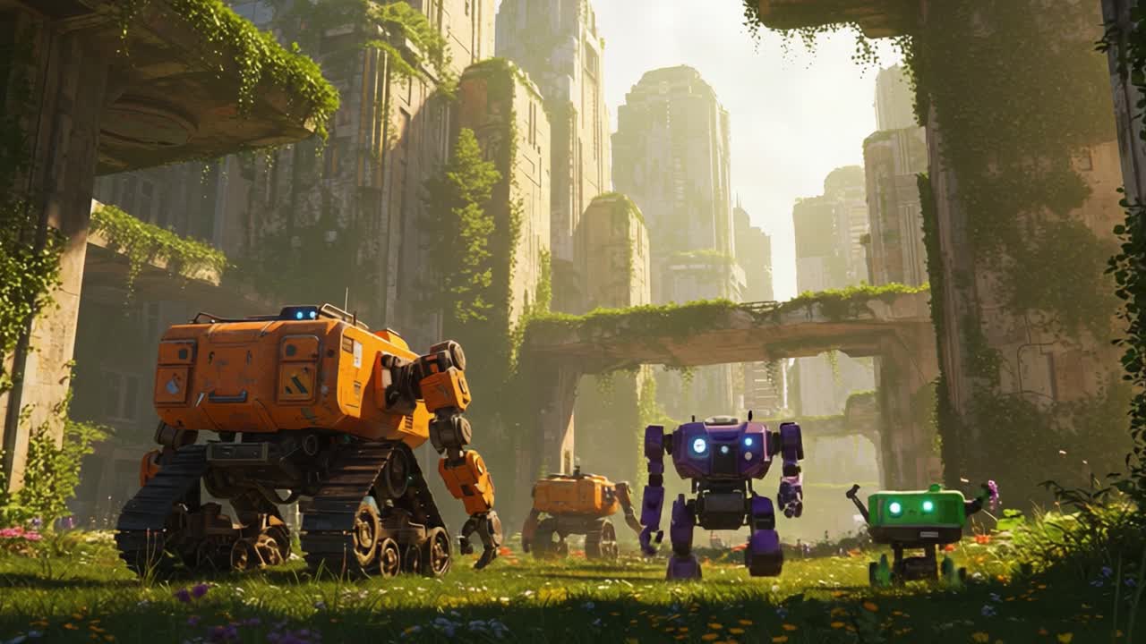 A stunning panorama of futuristic robotic machines exploring an overgrown, serene cityscape, where nature reclaims the remnants of a once-thriving metropolis