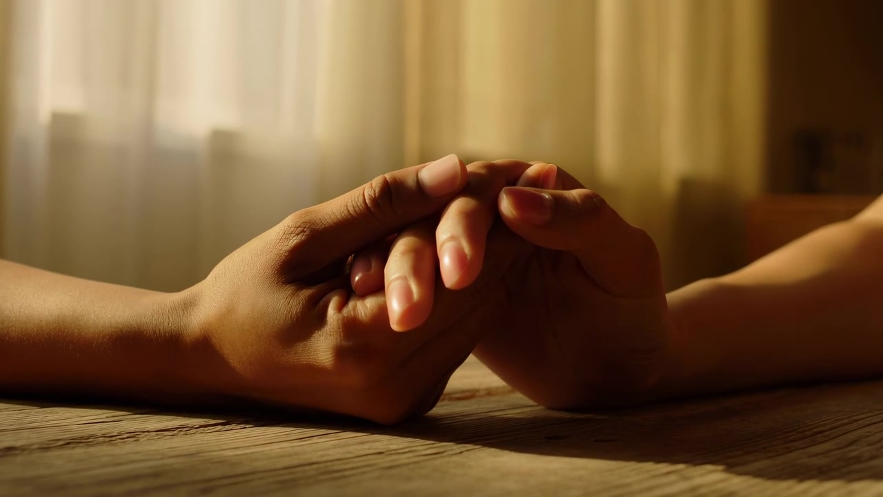 Primo piano in movimento che mostra due mani adulte che si stringono su un tavolo di legno invecchiato, dita intrecciate con una leggera pressione che indica una presa salda e di supporto.