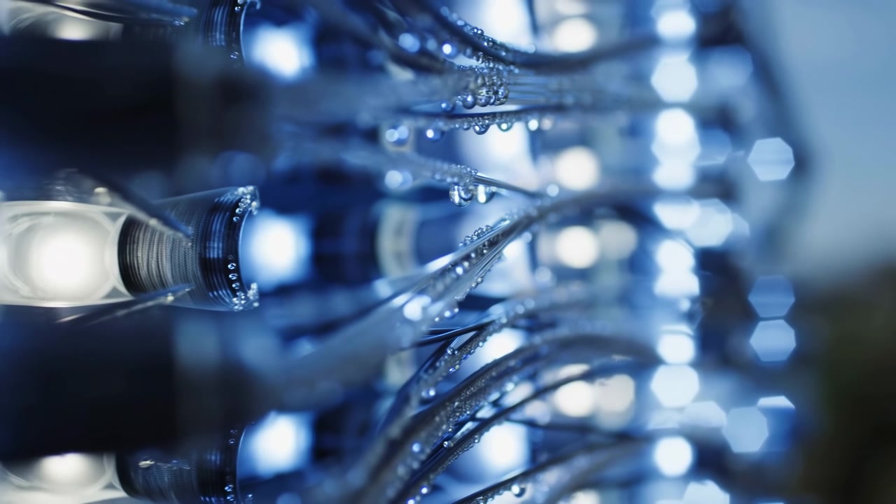 Extreme macro scene showing curved metallic wires and connector cylinders covered in water droplets, with bright point lights, shallow blur, and cool industrial reflections, with metal, wire, macro