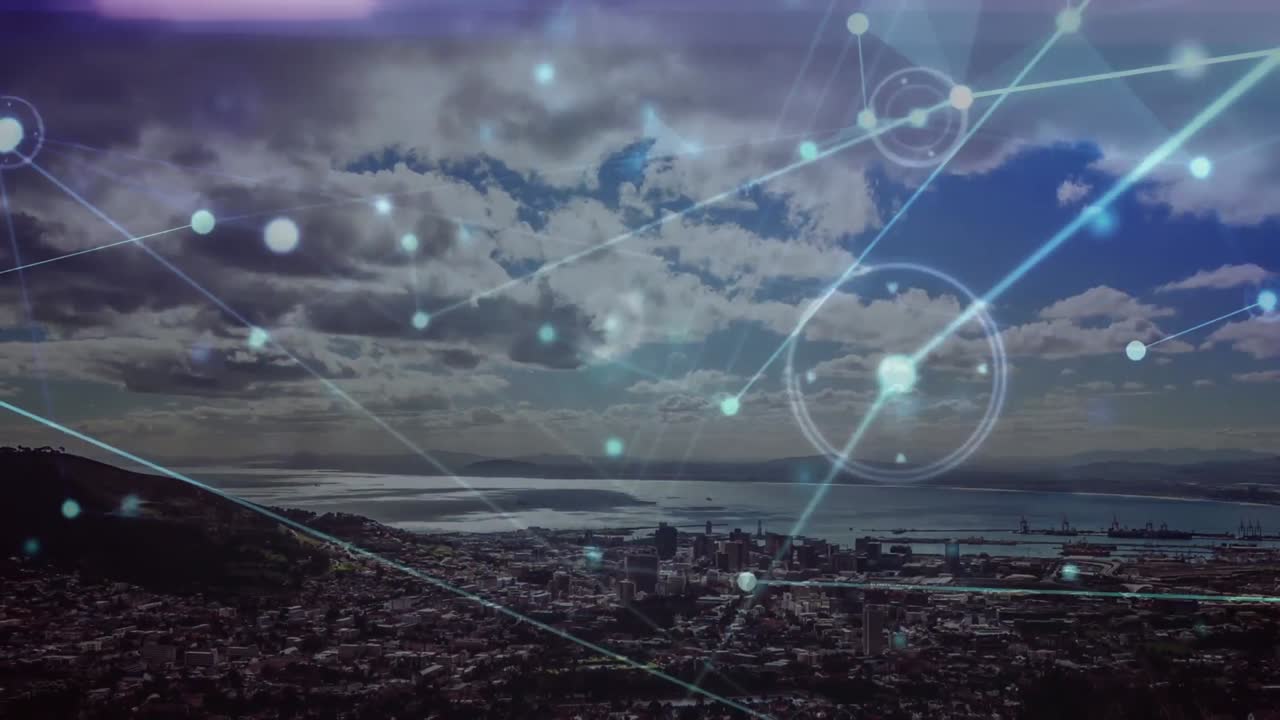 animación de la red de conexiones sobre el paisaje urbano
