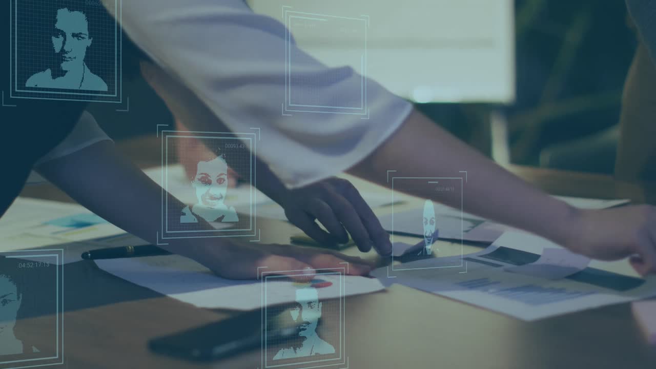 Animation of biometric photos and data processing over diverse business people
