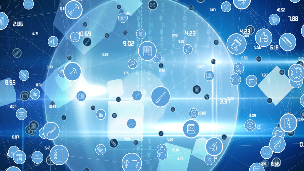 전 세계를 배경으로 디지털 아이콘으로 연결하는 네트워크의 애니메이션