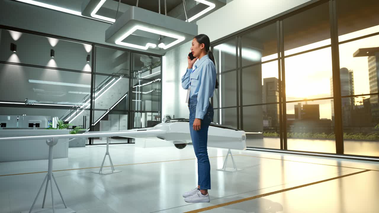 vista lateral completa del cuerpo de una trabajadora profesional asiática de pie con un proyecto de drones, instalación industrial de alta tecnología, está hablando con alguien en el teléfono