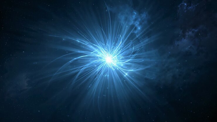 Núcleo de energia azul brilhante pulsante enviando filamentos, raios radiais e faíscas no espaço, formando loops