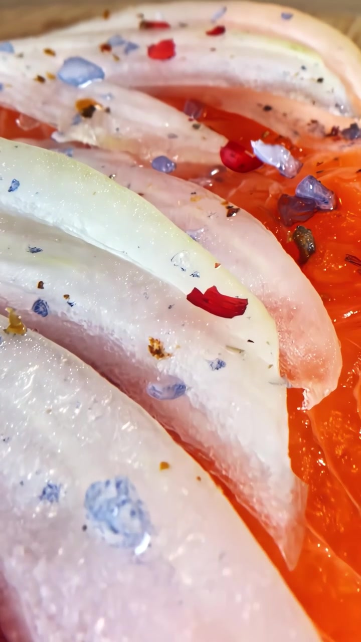Sabrosa bruschetta con salmón crudo, rodajas de cebolla y especias coloridas en primer plano extremo.