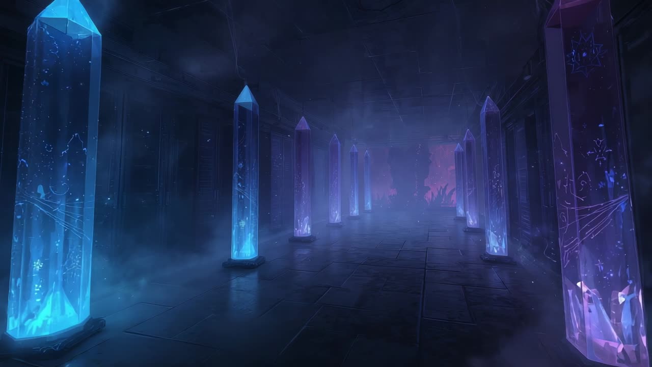 Light intensifying, crystal pillars rune-etched shifting blue to purple, red along hall
