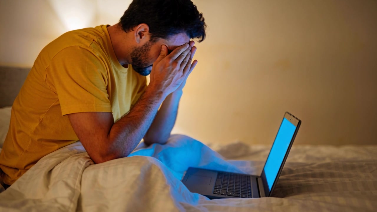 Reacting to bright laptop screen, man rubbing face on bed, seeking relief, wearing yellow tee