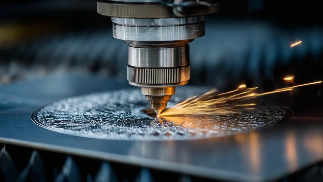 Precision Laser Cutting Process: Capturing the Moment of a Laser Engraving Pattern on Metal with Spark Emission, Showcasing Advanced Manufacturing Technology
