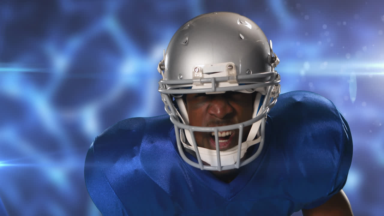Animação de Jogador de Futebol Americano com Capacete sobre Fundo Azul Brilhante