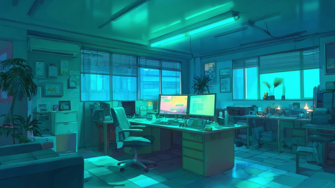 A Modern Office Interior Bathed in Soft Blue Light: An Inviting Workspace with Multiple Computer Monitors, Organized Documents, and Natural Plants Complementing the Sleek Furniture and Contemporary Decor