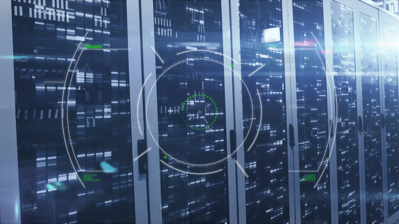Animation of scope scanning and data processing over tech room with computer servers