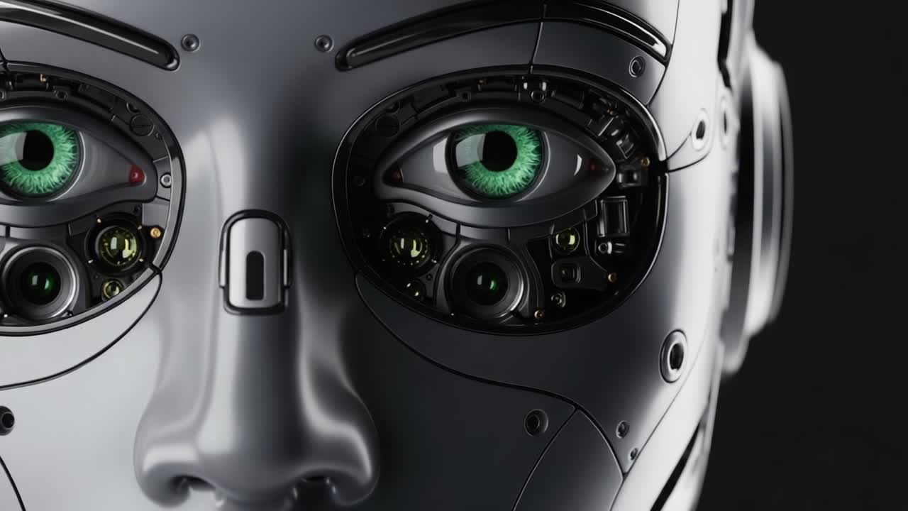 An Intricate Close-Up View of a Futuristic Robot Face Showcasing Advanced Technology with Lifelike Features and Mesmerizing Green Eyes