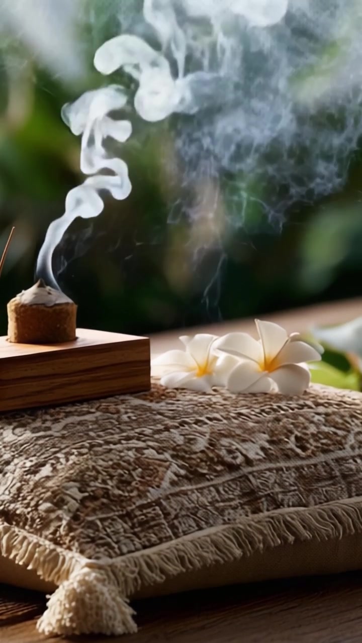 Ambiente aromatico accattivante: una scena tranquilla di incenso e fiori che evoca relax e serenità in un ambiente naturale.