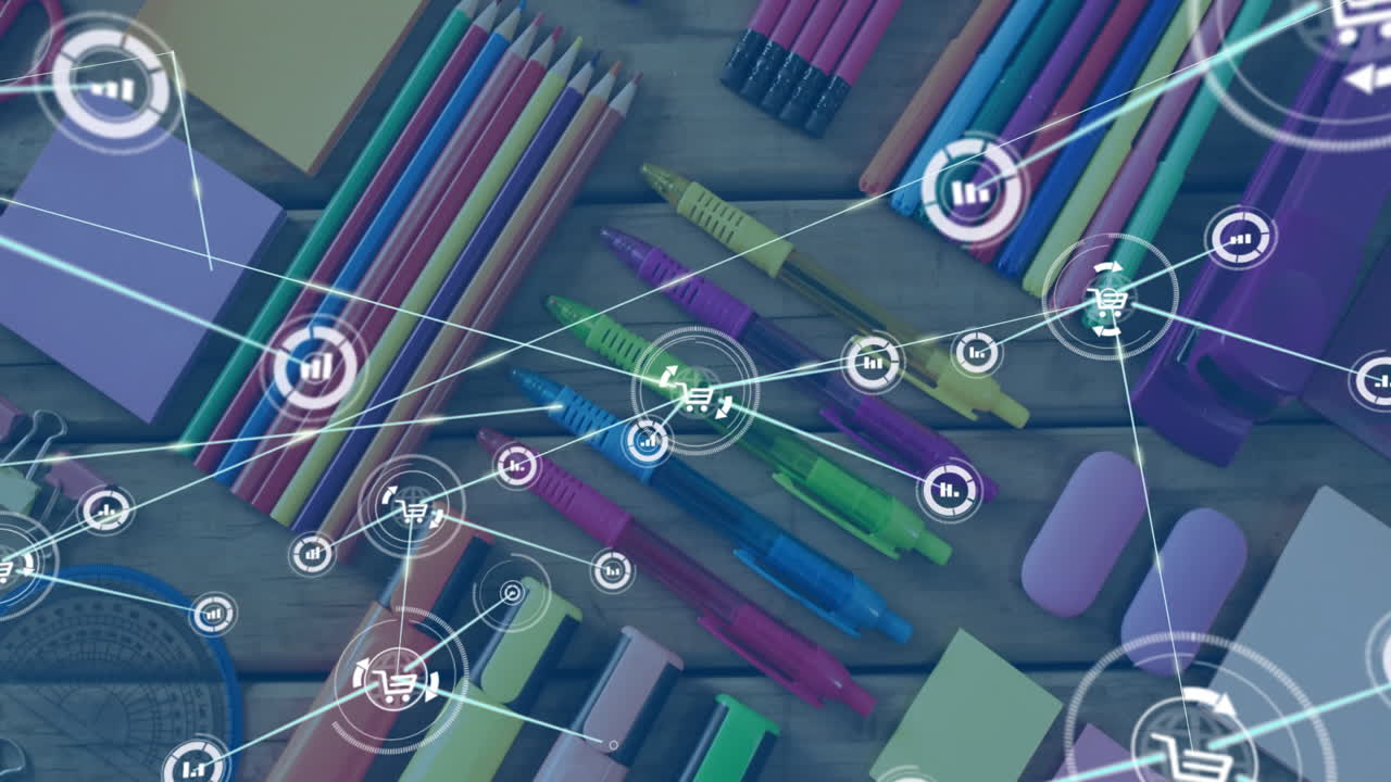 In school, colorful stationery and digital network icons creating animation effect