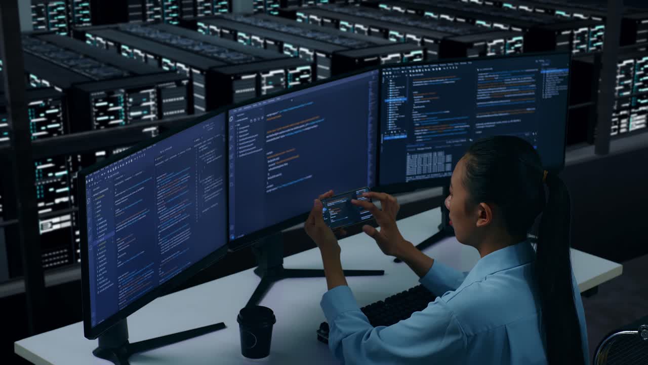 vista lateral de una desarrolladora asiática trabajando con un teléfono móvil mientras escribe código con múltiples pantallas de computadora en un centro de datos