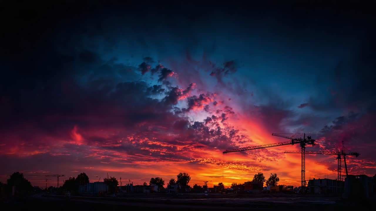 A Stunning Transformation of the Sky: Witness the Awe-Inspiring Shift from Vibrant Purples to Golden Hues at Sunset with Tower Cranes Silhouetted against the Glowing Horizon
