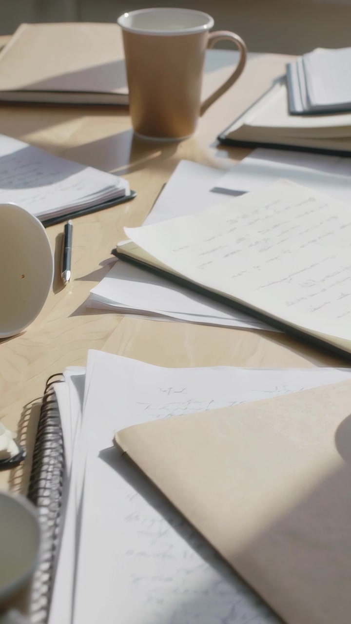 Vertical video: Camera focusing mug, panning right across table, exposing paper cup, notebooks, pen
