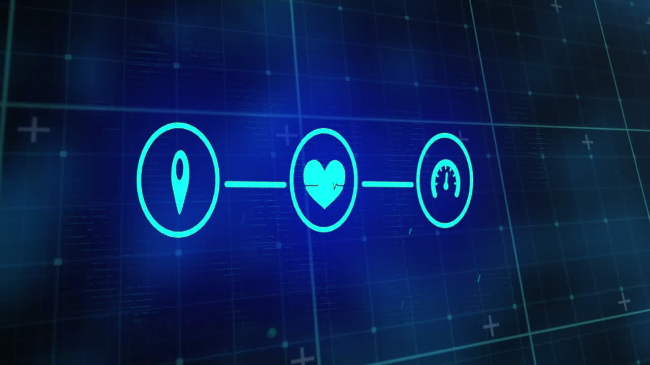 Animated health monitoring icons over blue digital grid background