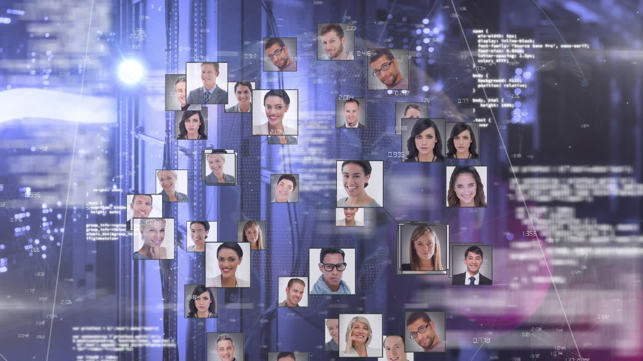 Animation of globe made of user photos rotating over data processing on violet background