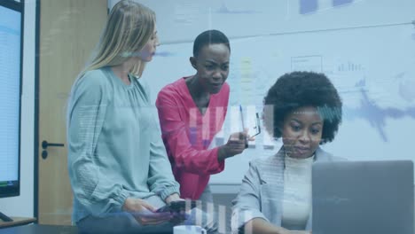 animation of statistical data processing over three diverse female colleagues discussing at office