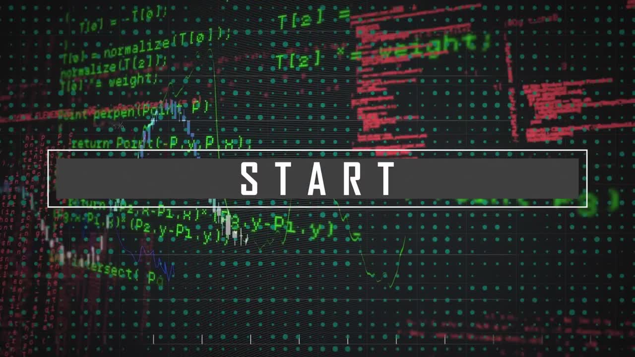 animación del banner de texto de inicio y procesamiento de datos financieros contra un fondo gris.