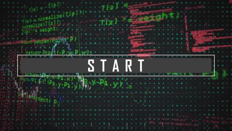 animation of start text banner and financial data processing against grey background