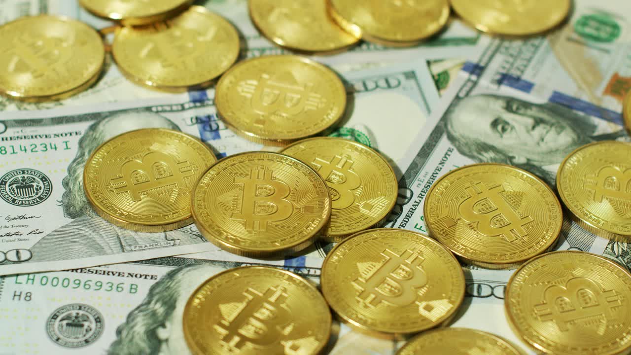 Shiny golden bitcoins with banknotes