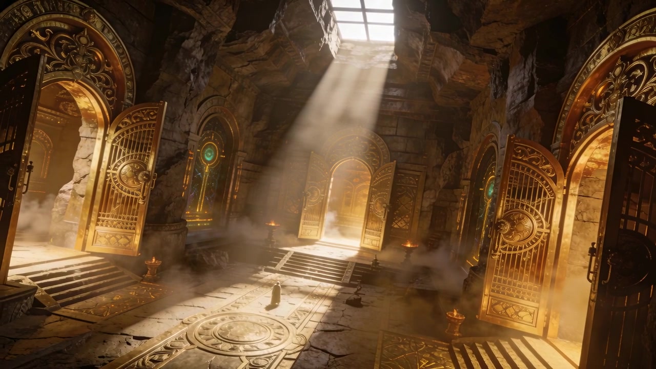 Figura ammantata che sale su un sigillo in un tempio, in piedi nella luce mentre il lucernario si illumina, cancelli dorati.