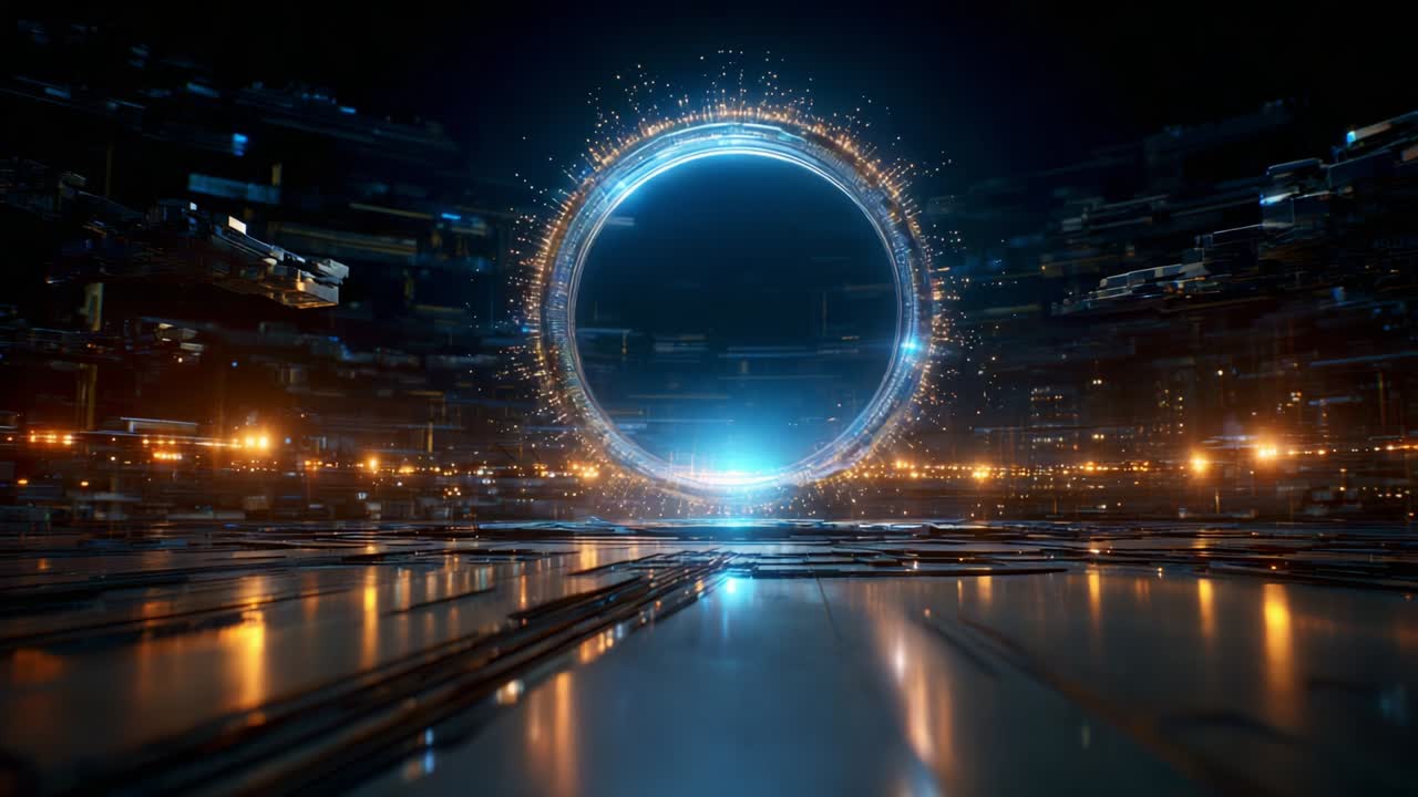 A captivating scene featuring an illuminated, glowing circular portal at the center of a futuristic environment, surrounded by vibrant lights and intricate digital patterns, evoking a sense of wonder and mystery
