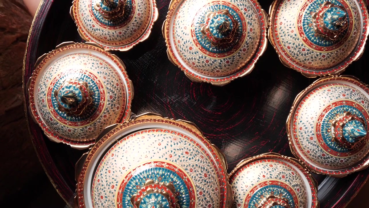 Benjarong Ceramic Bowls with Food and Dessert inside, Close Up