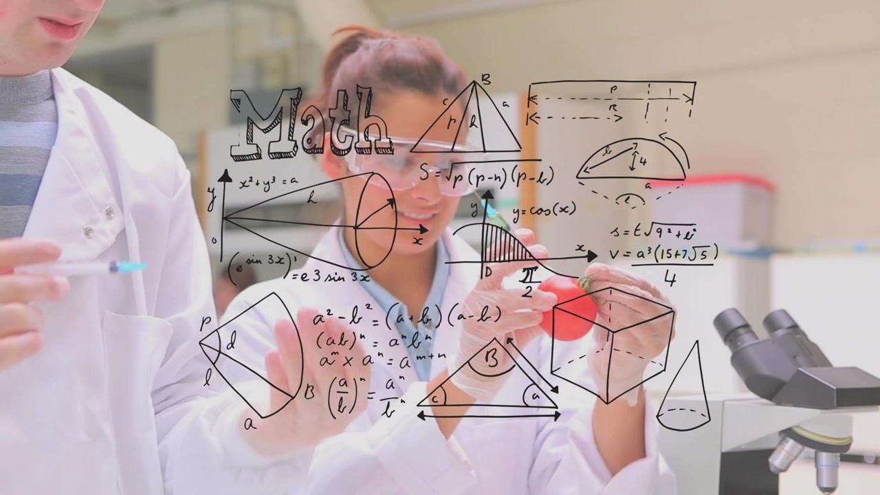 Animación de fórmulas matemáticas sobre trabajadoras y trabajadores de laboratorio caucásicos.