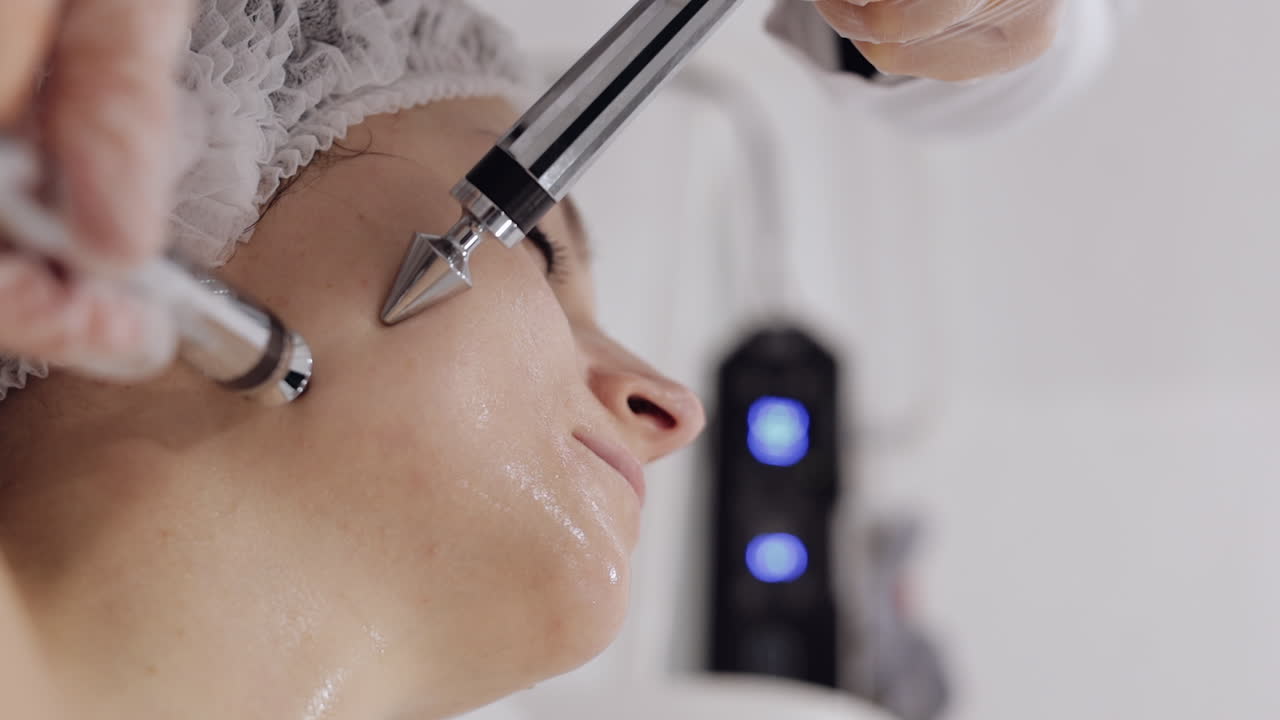 미용학자 의사는 스파 살롱에서 전기 충동을 사용하여 여성 마이크로 전류 얼굴 치료를합니다.