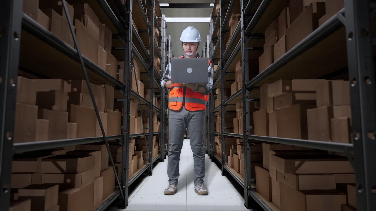 cuerpo lleno de ingeniero masculino asiático con casco de seguridad mirando una computadora portátil y mirando a su alrededor mientras estaba de pie en el almacén con estantes llenos de bienes de entrega