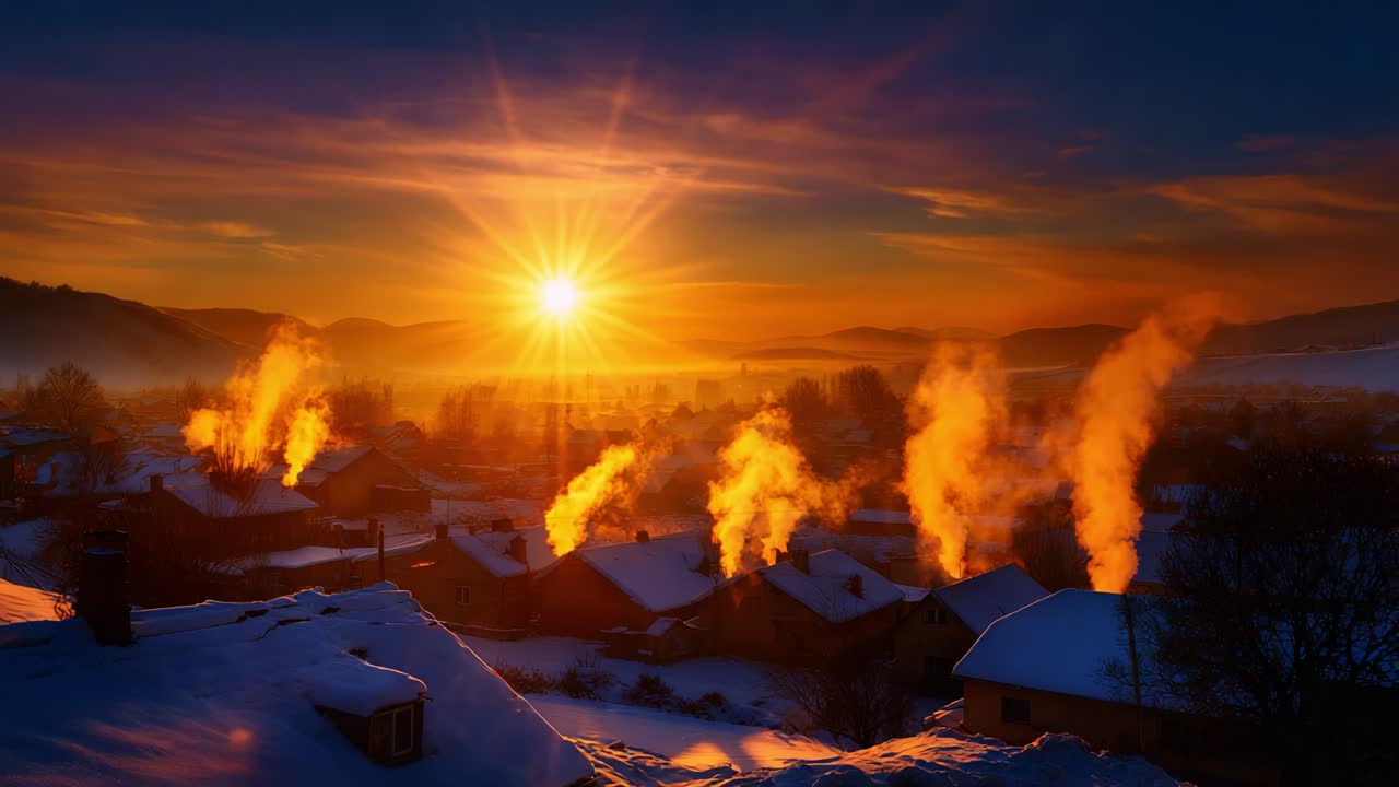 Beautiful Sunrise Over a Snow-Covered Village with Warm Smoke Rising from Chimneys, Casting a Golden Glow Across the Landscape and Illuminating the Frosty Environment in a Serene Winter Scene
