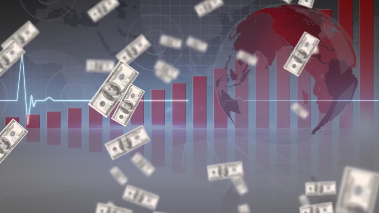 American dollar bills falling over spinning globe and world map against statistical data processing
