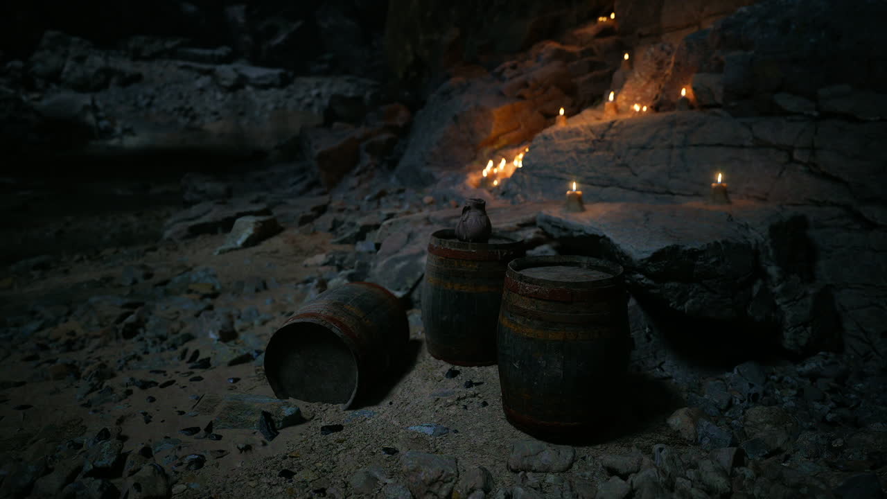 Candles illuminating rocky terrain with barrels in dimly lit cave