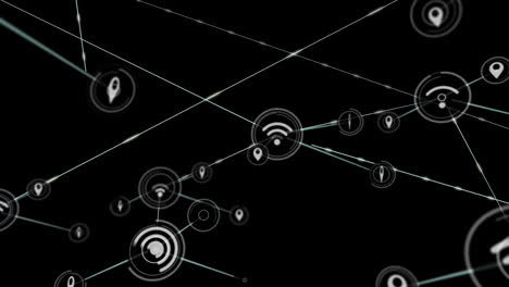 Animation-of-network-of-connections-with-icons-on-black-background