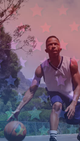 diseño de patrones de iconos de estrellas contra un jugador de baloncesto afroamericano practicando baloncesto