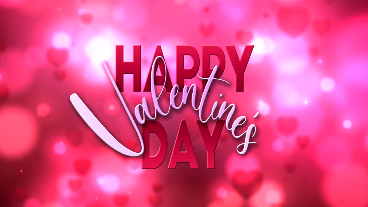 High quality seasonal motion graphic celebrating St Valentine's Day, with deep red pink color scheme, and shimmering pulsing hearts - text reads &amp;quot;Happy Valentine's Day