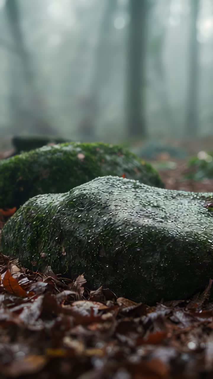 Vertical video: Camera creeping forward showing mossy rock in foggy woods, orange leaf on surface