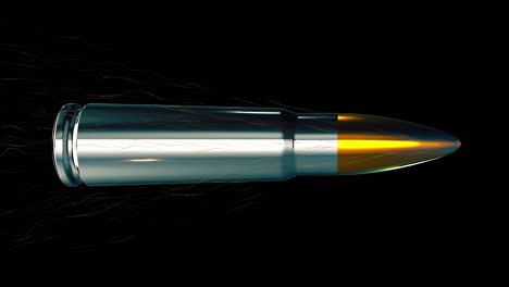 an ak47 gold tipped silver bullet flying through the air in slow motion against a black background.