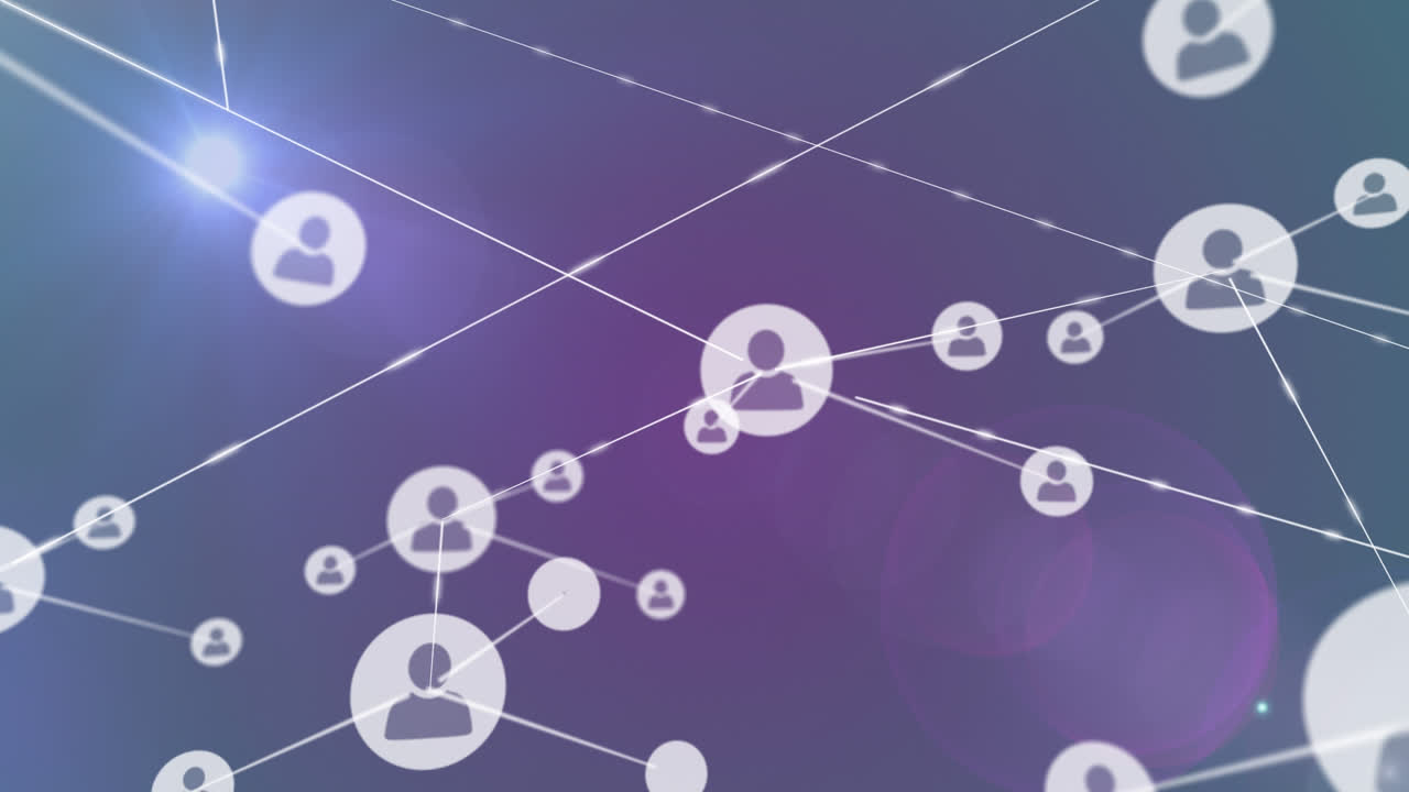 검은색 배경의 밝은 반점 위에 아이콘으로 연결 네트워크의 애니메이션