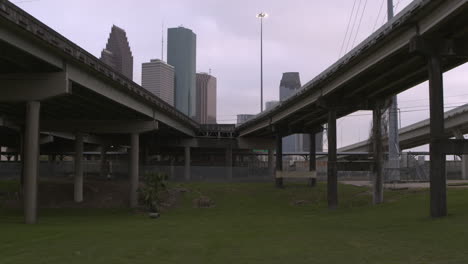 low angle establishing shot of downtown houston