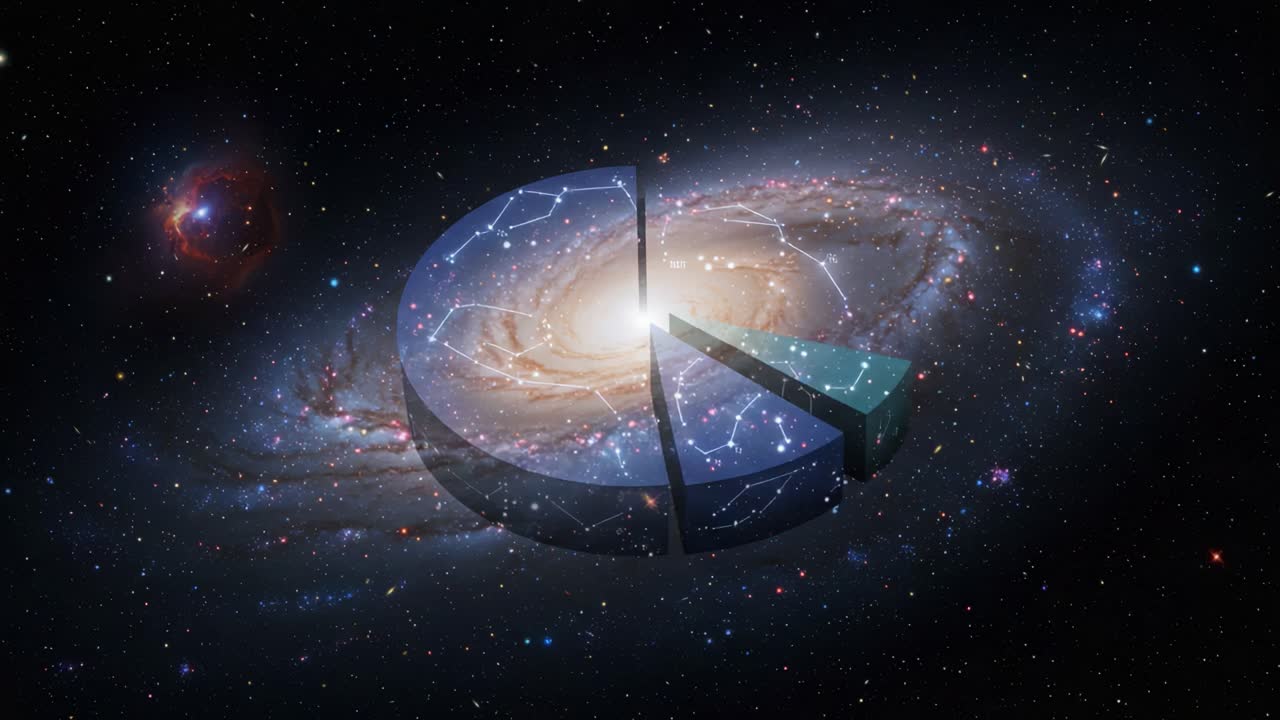 Dynamic Visualization of Cosmic Data: A Galaxy-Themed Pie Chart Evolving Over Time in a Starry Universe Reflecting Astronomy and Analytics