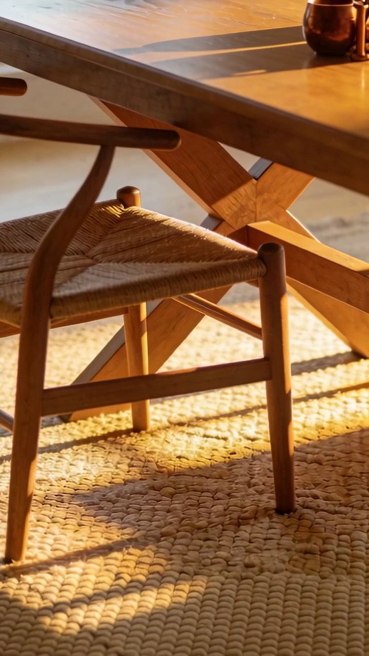 Camera pulling back to reveal chair woven seat at home by table X-support, sunlight casting vessels