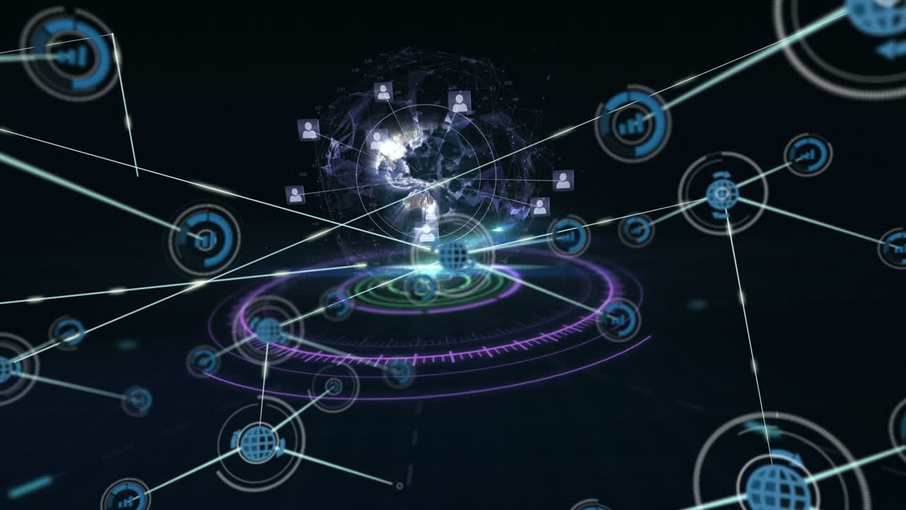 검은 바탕에 범위 스캐닝과 글로브를 통해 연결 네트워크의 애니메이션