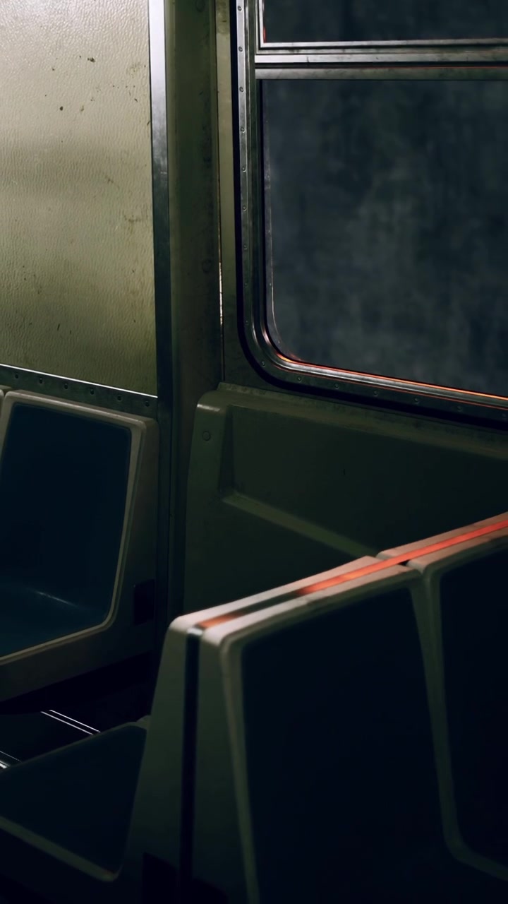 Interno di un treno della metropolitana con sedili vuoti e finestrino di notte.