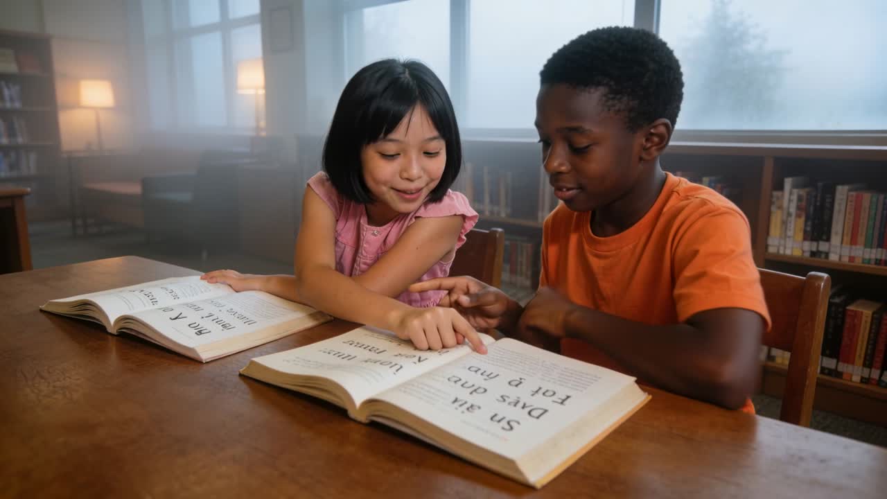Pointing boy in orange tee, girl in pink dress tracing words on library books practicing reading